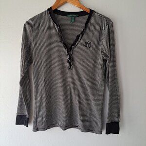 Lauren Ralph Lauren Striped Ruffle Pullover V-Neck Womens‎ Blouse Size Small